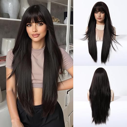 Women's 28-Inch Straight Black Wig with Bangs | Layered Synthetic Hair for Daily Wear