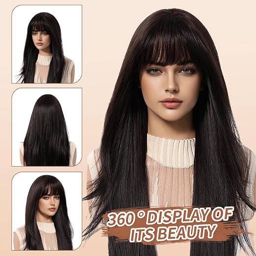 Women's 28-Inch Straight Black Wig with Bangs | Layered Synthetic Hair for Daily Wear