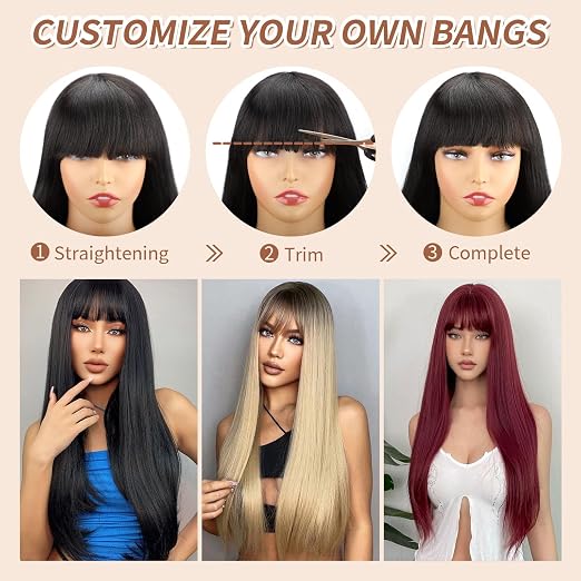 Women's 28-Inch Straight Black Wig with Bangs | Layered Synthetic Hair for Daily Wear