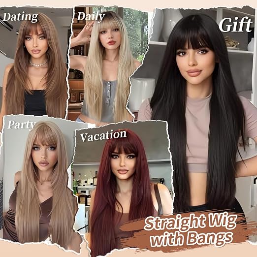 Women's 28-Inch Straight Black Wig with Bangs | Layered Synthetic Hair for Daily Wear